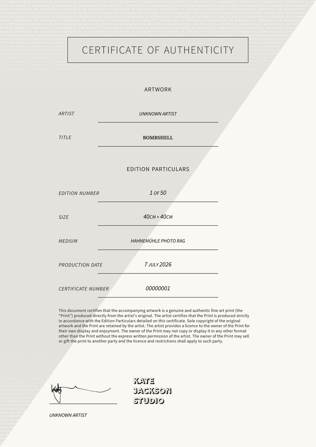 Bombshell — Certificate of Authenticity